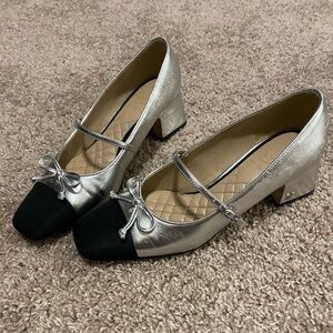 Sam Edelman Silver and Black Block Heel Mary Jane Pumps